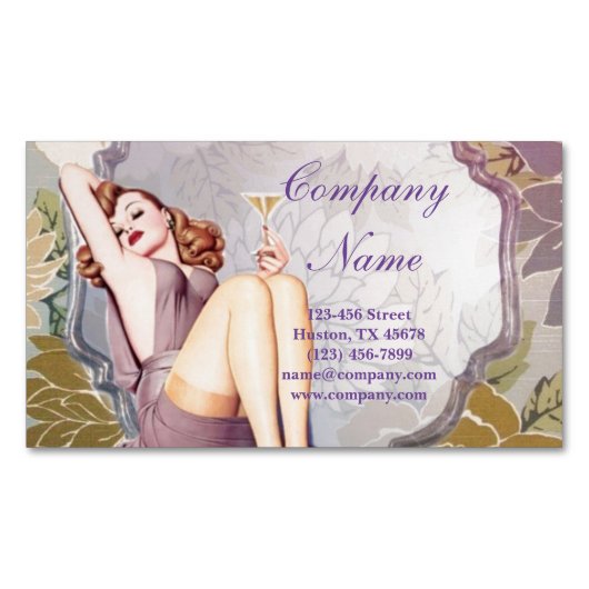 レトロピンアップガールヘアメイクアップアーティスト美容師 マグネット名刺 (正面)