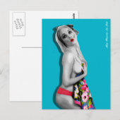 レトロピンアップガールポストカードティール（緑がかった色）ブルー ポストカード (正面/裏面)