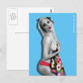 レトロピンアップガールポストカードブルー ポストカード (正面/裏面)