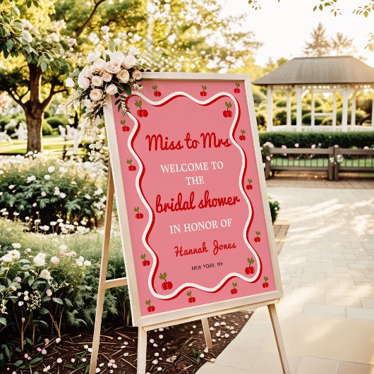 レトロピンクさくらんぼバレンタインブライダルシャワー歓迎 ポスター