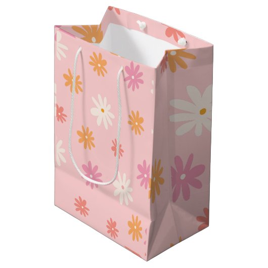 レトロピンクとオレンジのデイジーフローラ抱き枕 ミディアムペーパーバッグ (正面アングル)