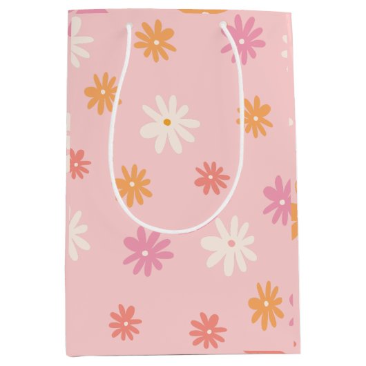 レトロピンクとオレンジのデイジーフローラ抱き枕 ミディアムペーパーバッグ (正面)