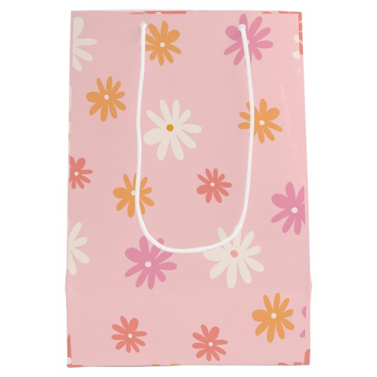 レトロピンクとオレンジのデイジーフローラ抱き枕 ミディアムペーパーバッグ (裏面)