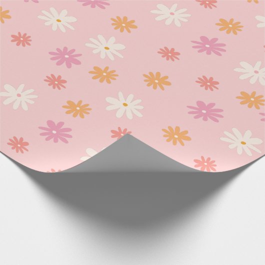 レトロピンクとオレンジのデイジーフローラ ラッピングペーパー (角)