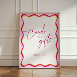 レトロピンクとオレンジの波縁ど状カードとギフト 台座サイン