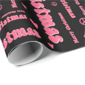 レトロピンクとブラックのメリークリスマスピース&ラブ ラッピングペーパー (ロールコーナー)