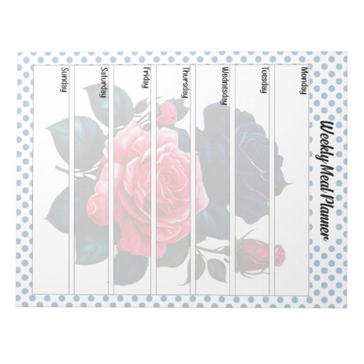 レトロピンクとブルーバラウィークリーミールプランナー ノートパッド (正面)