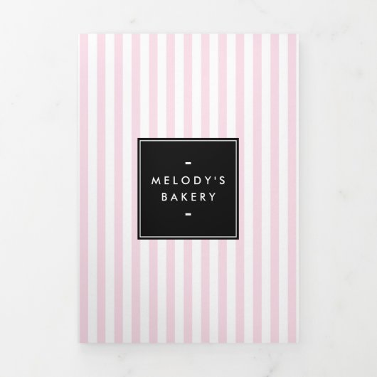 レトロピンクと白のベーカリーストライプメニューパンフレット 三つ折りカード (カバー)