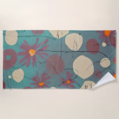 レトロピンクと白の花 ビーチタオル (正面)