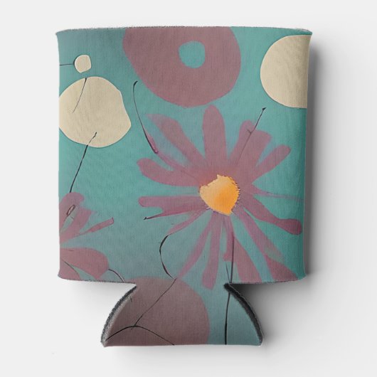 レトロピンクと白の花 缶クーラー (正面)