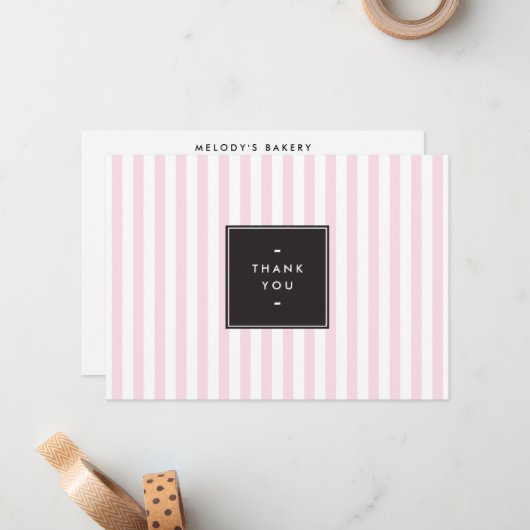 レトロピンクと白ストライプ色ありがとう ノートカード (正面/裏面インサイチュ)