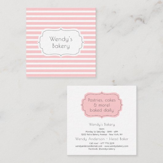 レトロピンクと白ヴィンテージキャンディストライプパン スクエア名刺 (正面/裏面)