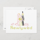 レトロピンクと緑の新婚 案内ポストカード (正面/裏面)