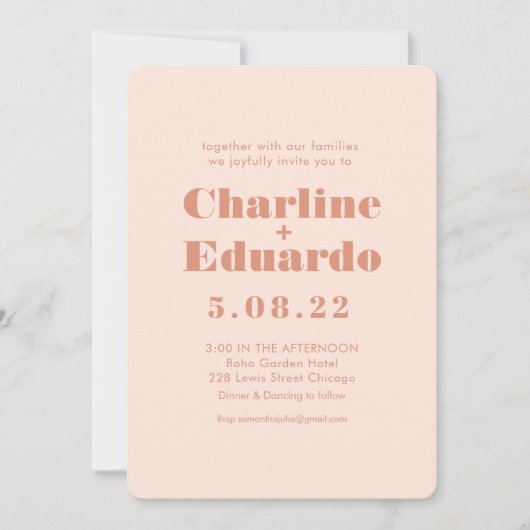 レトロピンクと緑の結婚手書き入力 招待状 (正面)