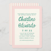 レトロピンクと緑の結婚手書き 招待状 (正面/裏面)