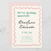 レトロピンクと緑の結婚手書き 招待状 (正面/裏面)