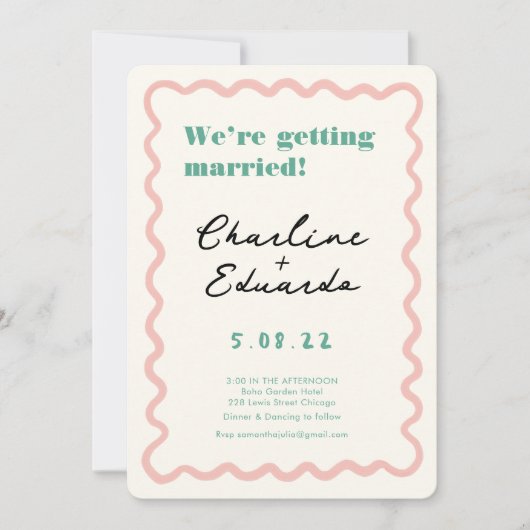 レトロピンクと緑の結婚手書き 招待状 (正面)