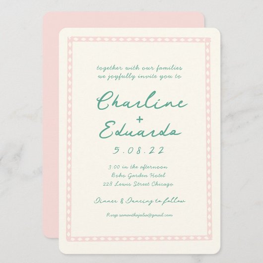 レトロピンクと緑の結婚手書き 招待状