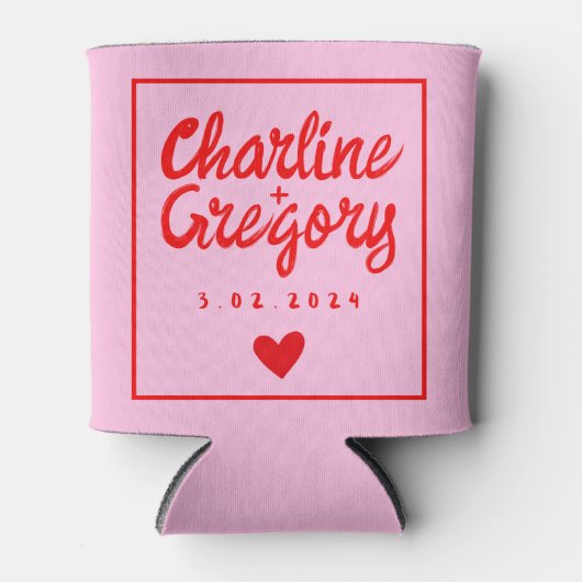 レトロピンクと赤の手書き結婚のクーラーボックス 缶クーラー (正面)