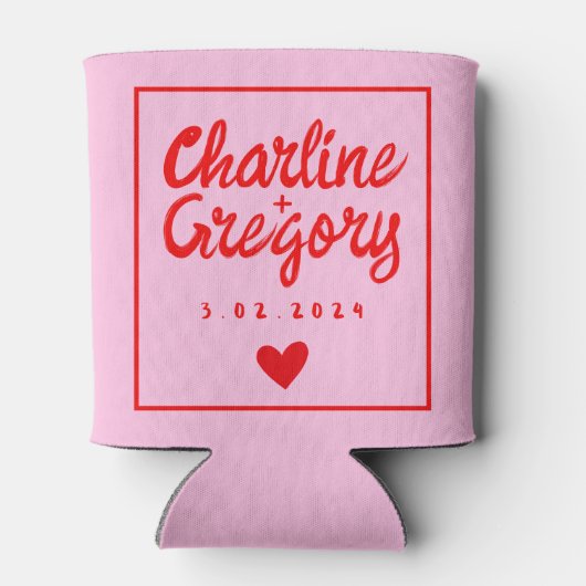 レトロピンクと赤の手書き結婚のクーラーボックス 缶クーラー (裏面)