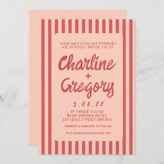 レトロピンクと赤の手書き結婚式招待状 招待状 (正面/裏面)