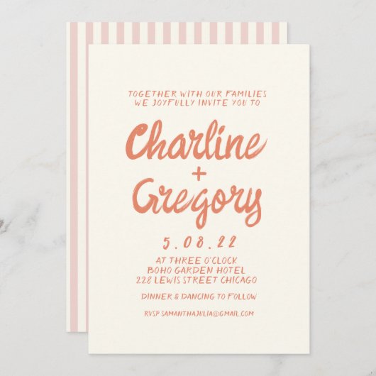 レトロピンクと赤の手書き結婚式招待状 招待状 (正面/裏面)