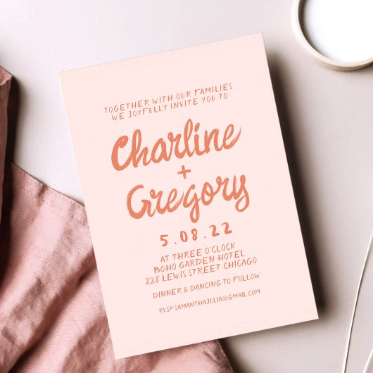 レトロピンクと赤の手書き結婚式招待状 招待状