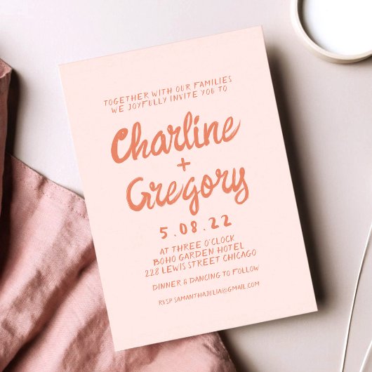 レトロピンクと赤の手書き結婚式招待状 招待状