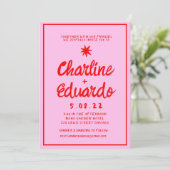 レトロピンクと赤の手書き結婚式招待状 招待状 (スタンド正面)