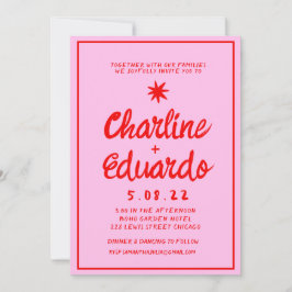 レトロピンクと赤の手書き結婚式招待状 招待状