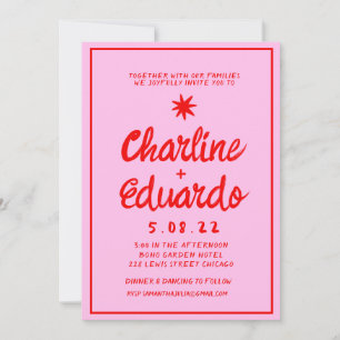 レトロピンクと赤の手書き結婚式招待状 招待状