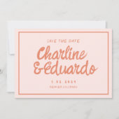 レトロピンクと赤の手書き結婚式日付を保存 招待状 (正面)