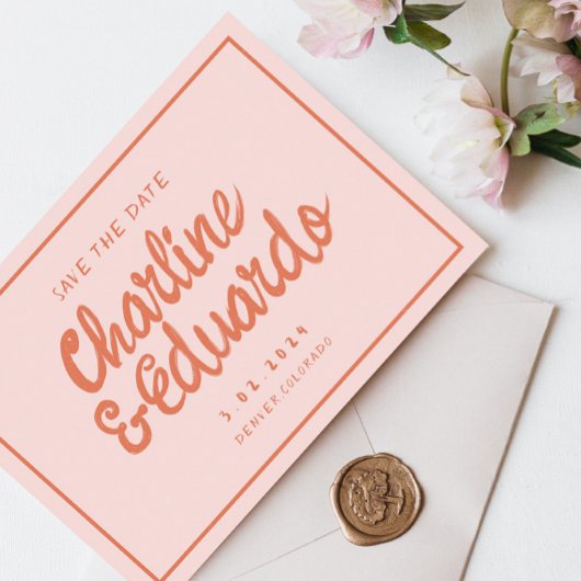 レトロピンクと赤の手書き結婚式日付を保存 招待状