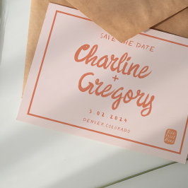 レトロピンクと赤の手書き結婚式日付を保存 招待状