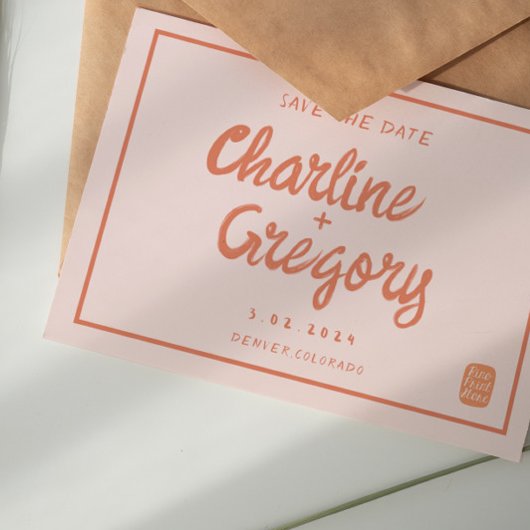 レトロピンクと赤の手書き結婚式日付を保存 招待状