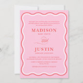 レトロピンクと赤の正方形の曲線の波状結婚の 招待状 (正面)