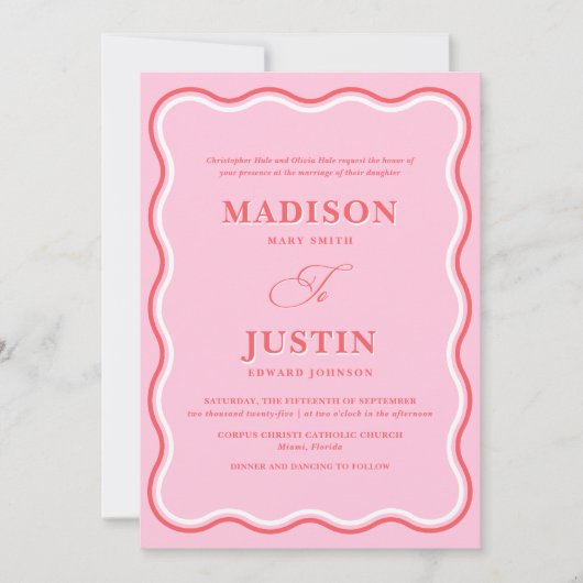 レトロピンクと赤の正方形の曲線の波状結婚の 招待状 (正面)