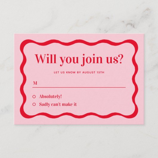 レトロピンクと赤の波が私たちに参加するRSVP エンクロージャーカード (正面)