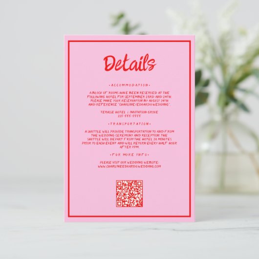 レトロピンクと赤の波状の手書き結婚の詳細 エンクロージャーカード (スタンド正面)