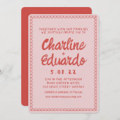 レトロピンクと赤の波状の手書結婚き 招待状 (正面/裏面)