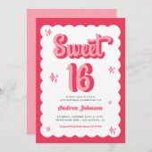 レトロピンクと赤グルービースイート16誕生日 招待状 (正面/裏面)