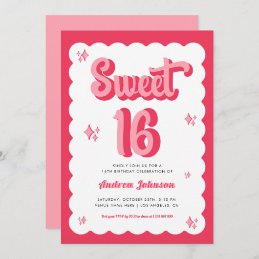 レトロピンクと赤グルービースイート16誕生日 招待状 (正面/裏面)