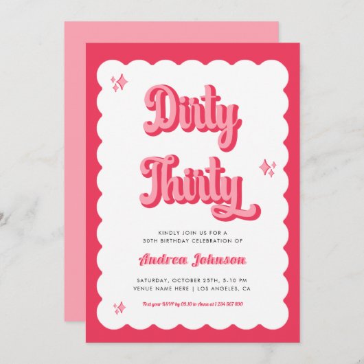 レトロピンクと赤グルービーダーティ30誕生日 招待状 (正面/裏面)