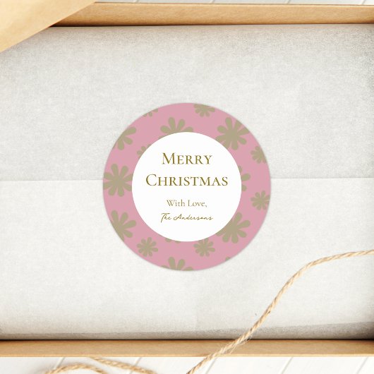 レトロピンクと金ゴールドフローラメリークリスマスパーティー ラウンドシール