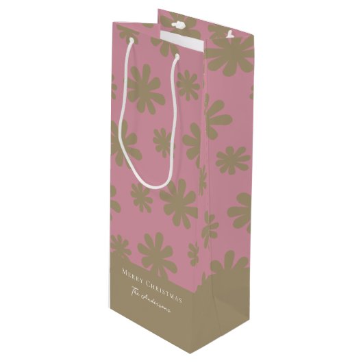 レトロピンクと金ゴールドフローラメリークリスマスパーティー ワインギフトバッグ (正面アングル)