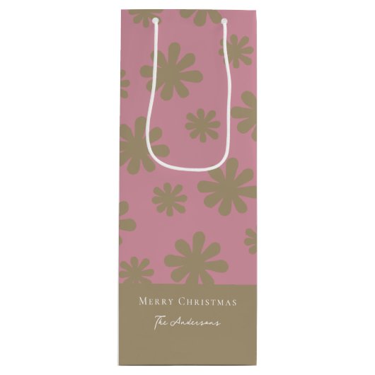 レトロピンクと金ゴールドフローラメリークリスマスパーティー ワインギフトバッグ (正面)