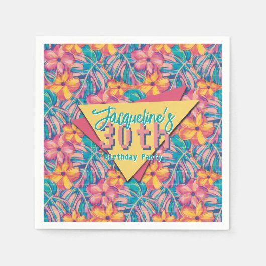 レトロピンクと黄色のフローラ誕生日 スタンダードカクテルナプキン (正面)