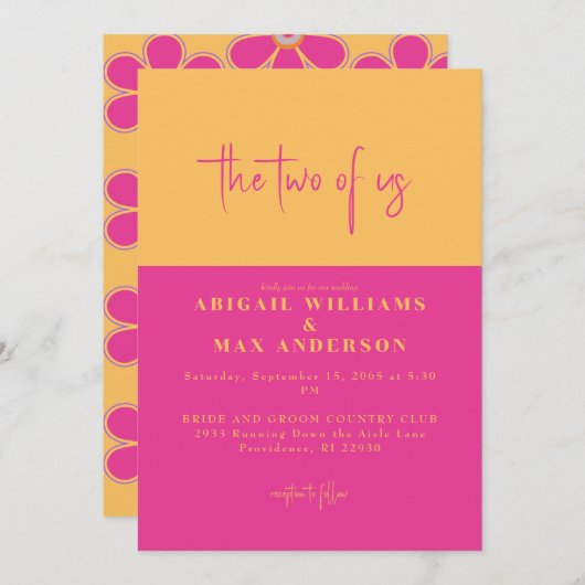 レトロピンクと黄色のフローラ2つの米国結婚の 招待状 (正面/裏面)
