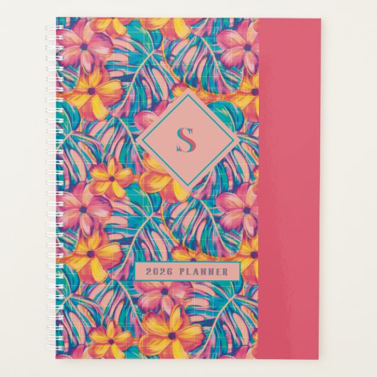 レトロピンクと黄色の花模様 プランナー手帳 (正面)