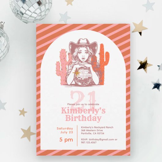 レトロピンクのウエスタンカウガール21歳の誕生日パーティー 招待状